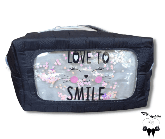 Cat themed make-up or stationary bag with quote love to smile