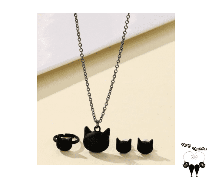 Black Cat Jewelry Set (Necklace, Earrings, Ring)